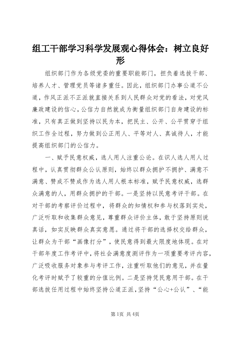 组工干部学习科学发展观心得体会：树立良好形