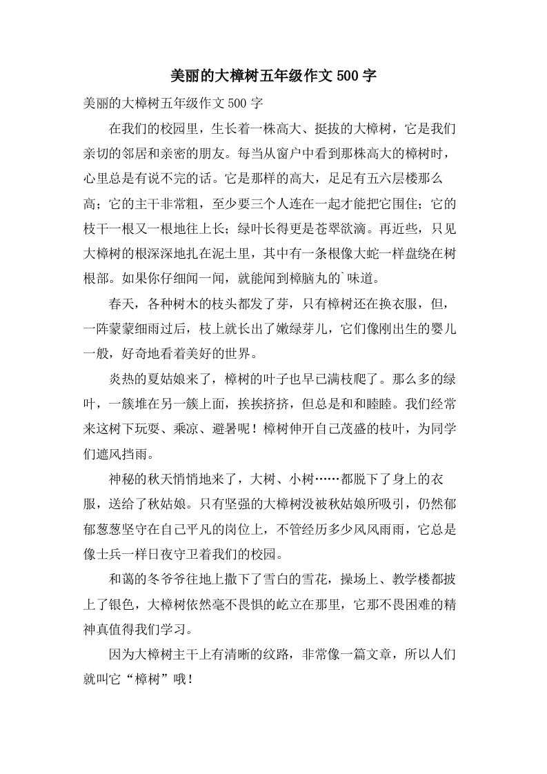 美丽的大樟树五年级作文500字