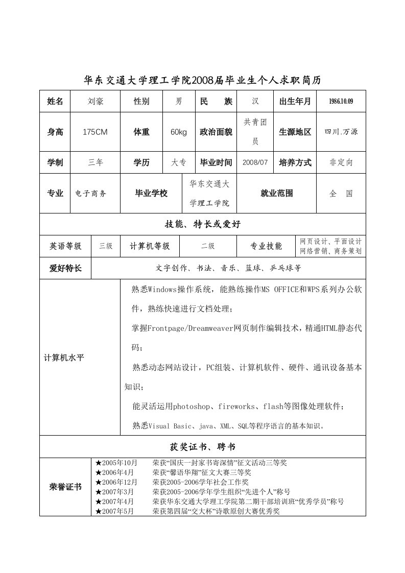 理工学院毕业生个人求职简历