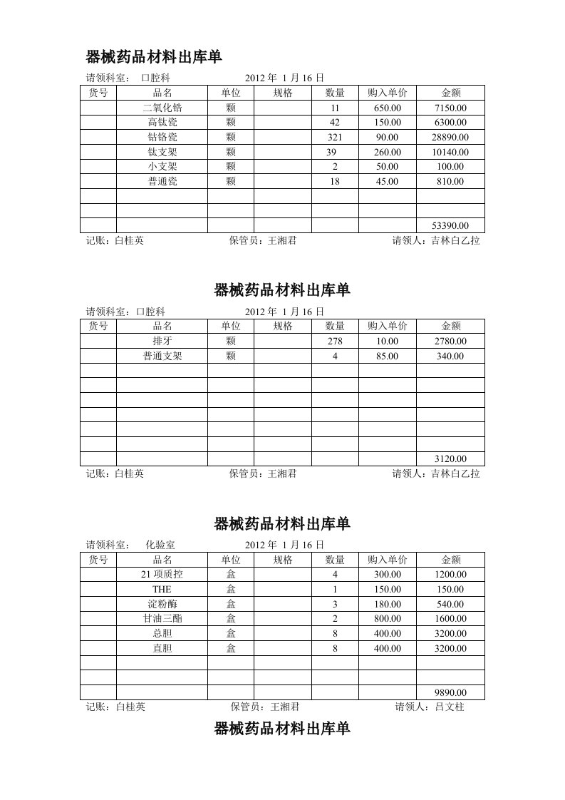 器械药品材料出库单2