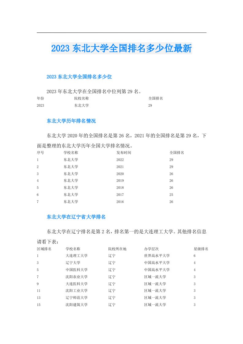 东北大学全国排名多少位最新