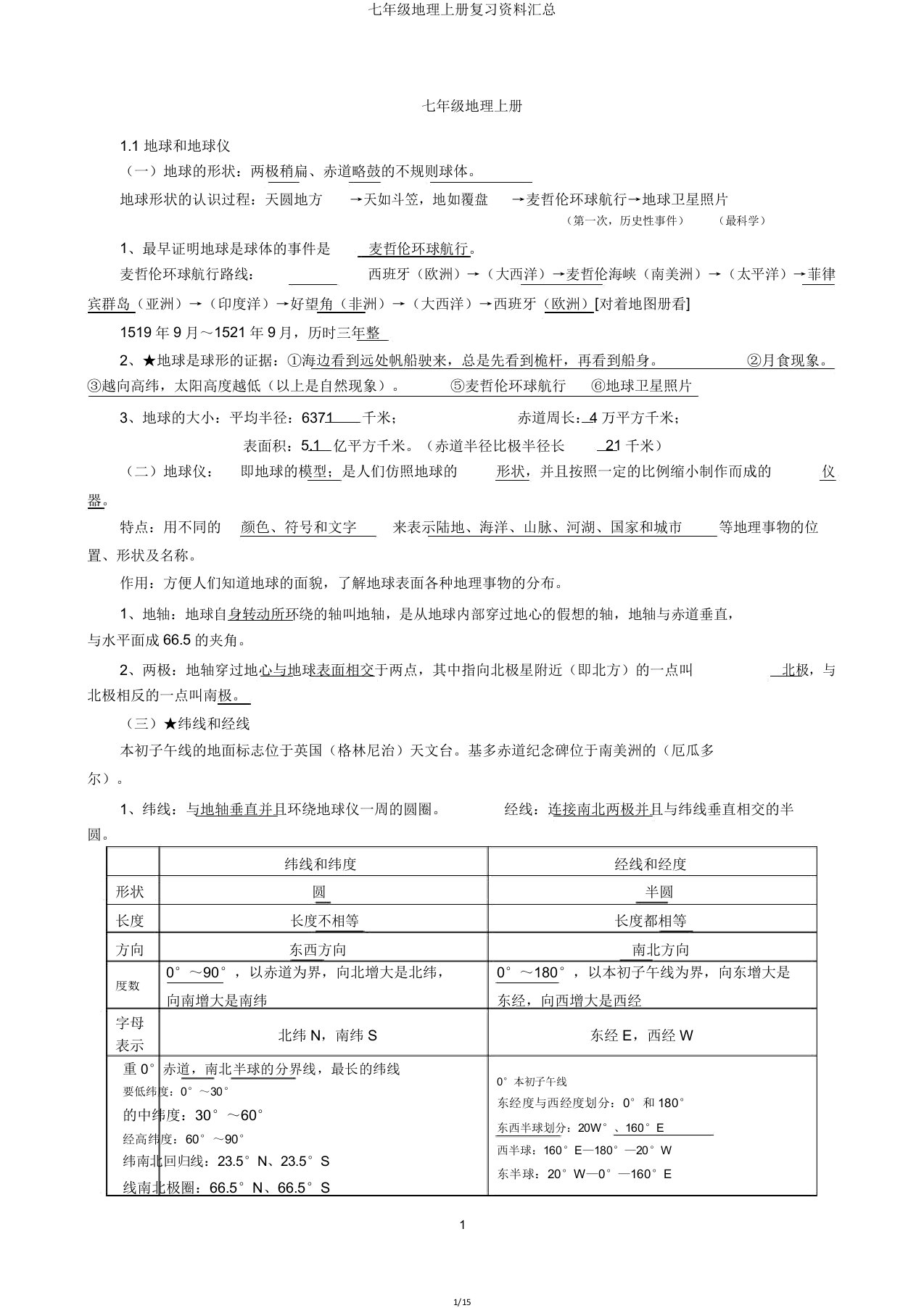 七年级地理上册复习资料汇总