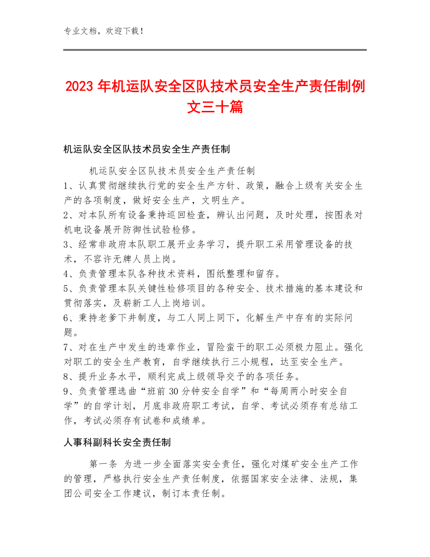 2023年机运队安全区队技术员安全生产责任制例文三十篇