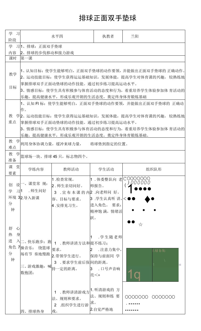 初中体育人教七年级体育排球正面双手垫球教案