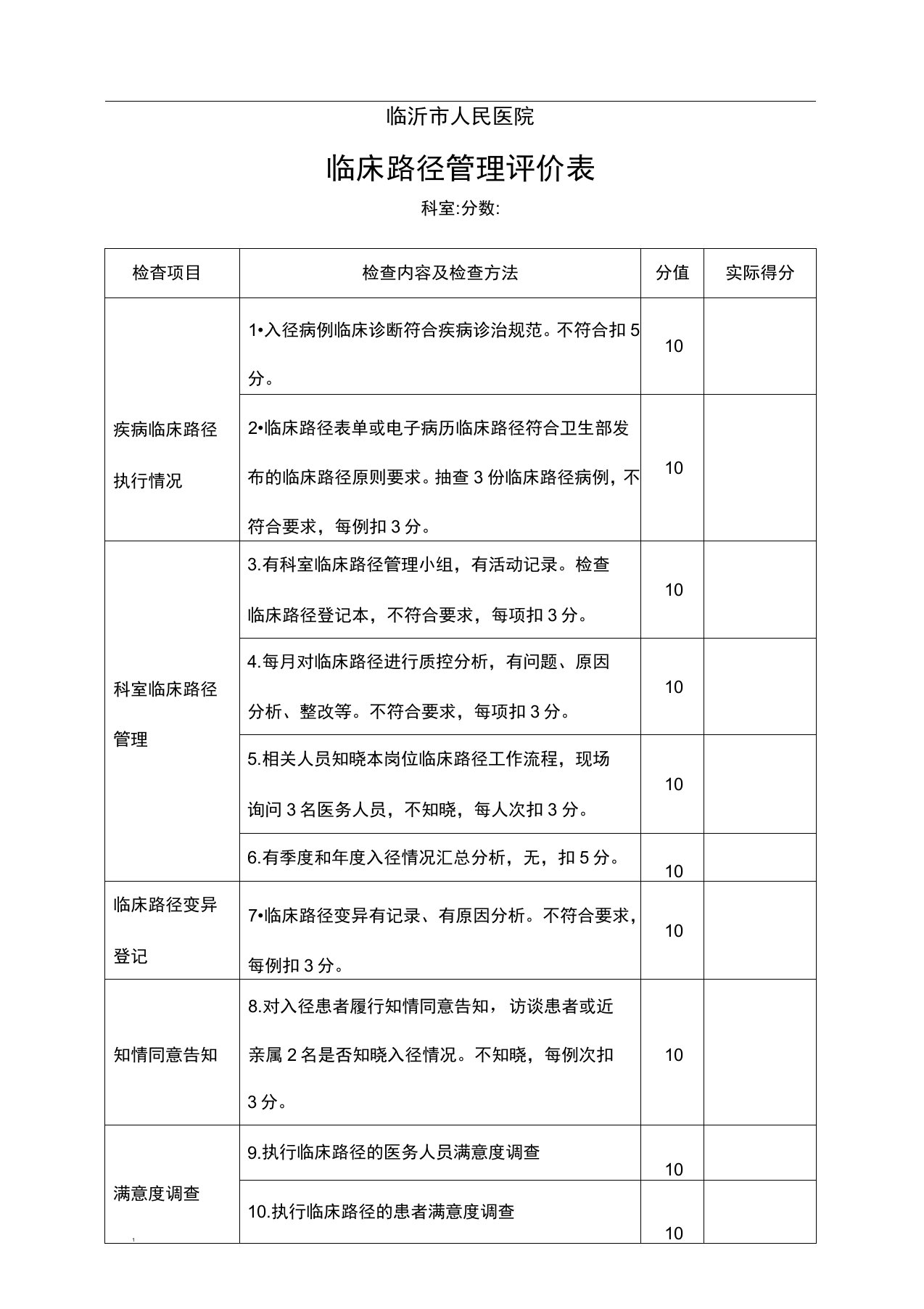 临床路径检查表