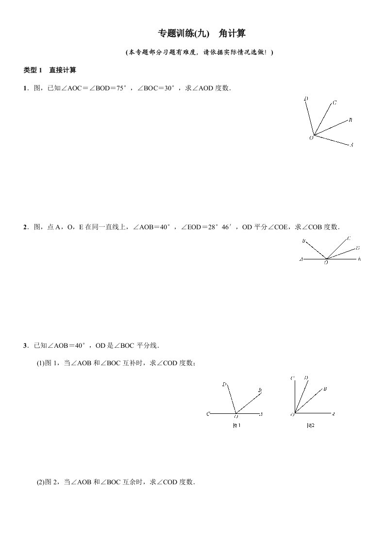 七年级数学上册人教版学案：4.专题训练九-角的计算选做样稿