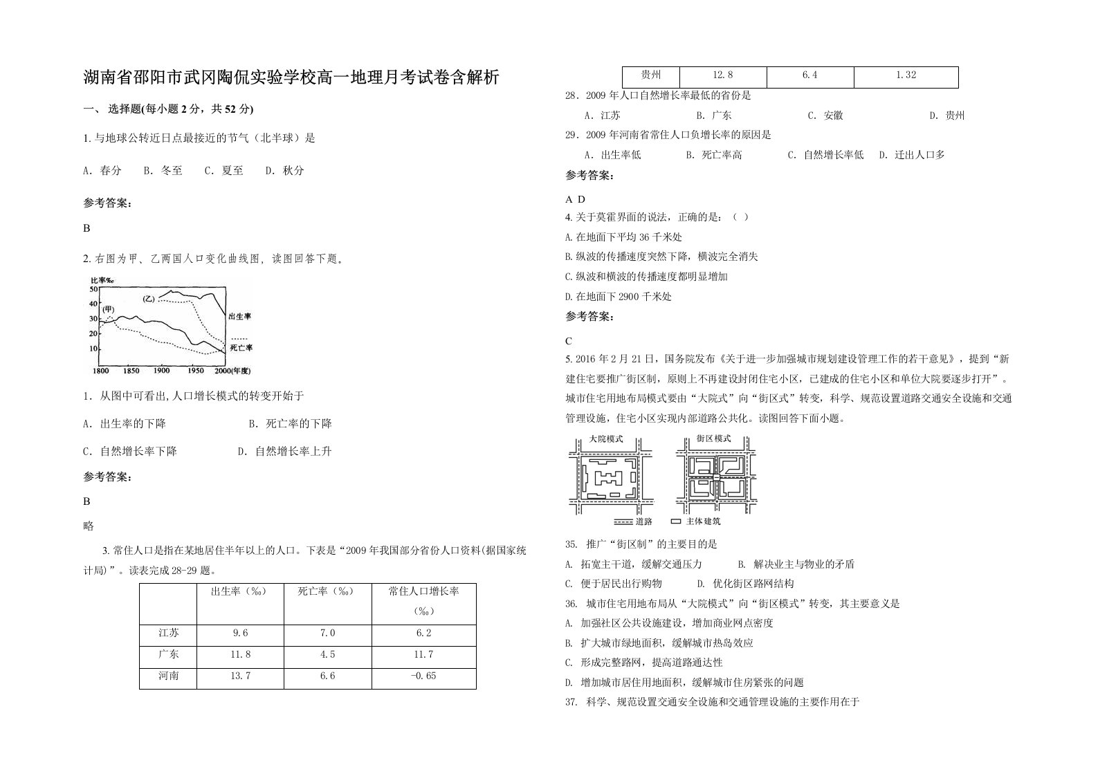 湖南省邵阳市武冈陶侃实验学校高一地理月考试卷含解析