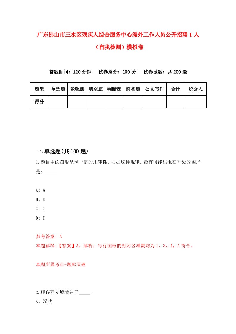 广东佛山市三水区残疾人综合服务中心编外工作人员公开招聘1人自我检测模拟卷4