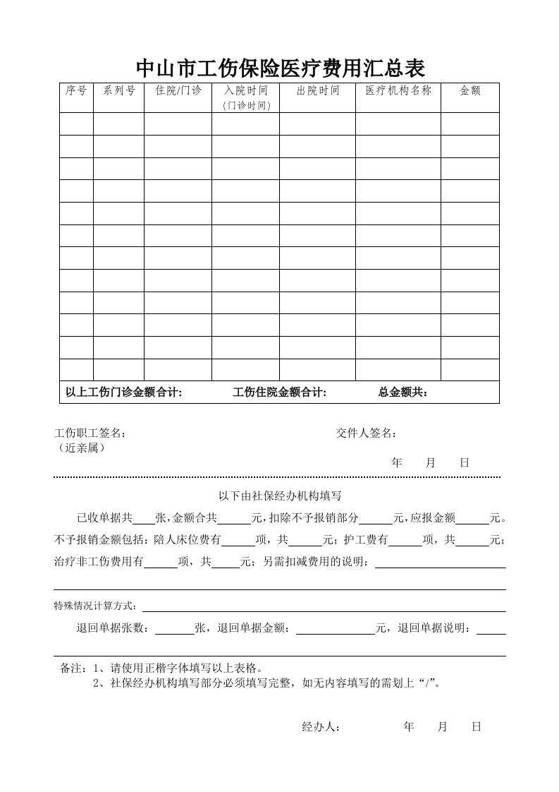 中山市工伤保险医疗费用汇总表