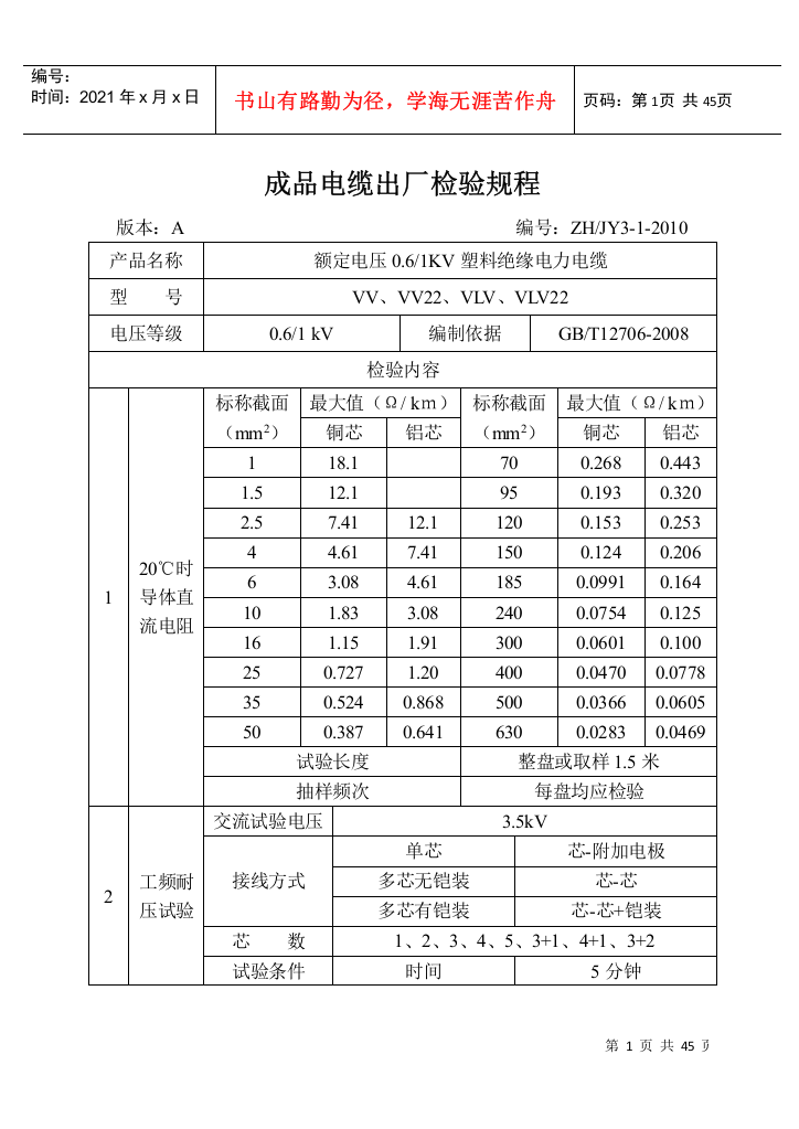 成品电缆出厂检验规程(新编XXXX)