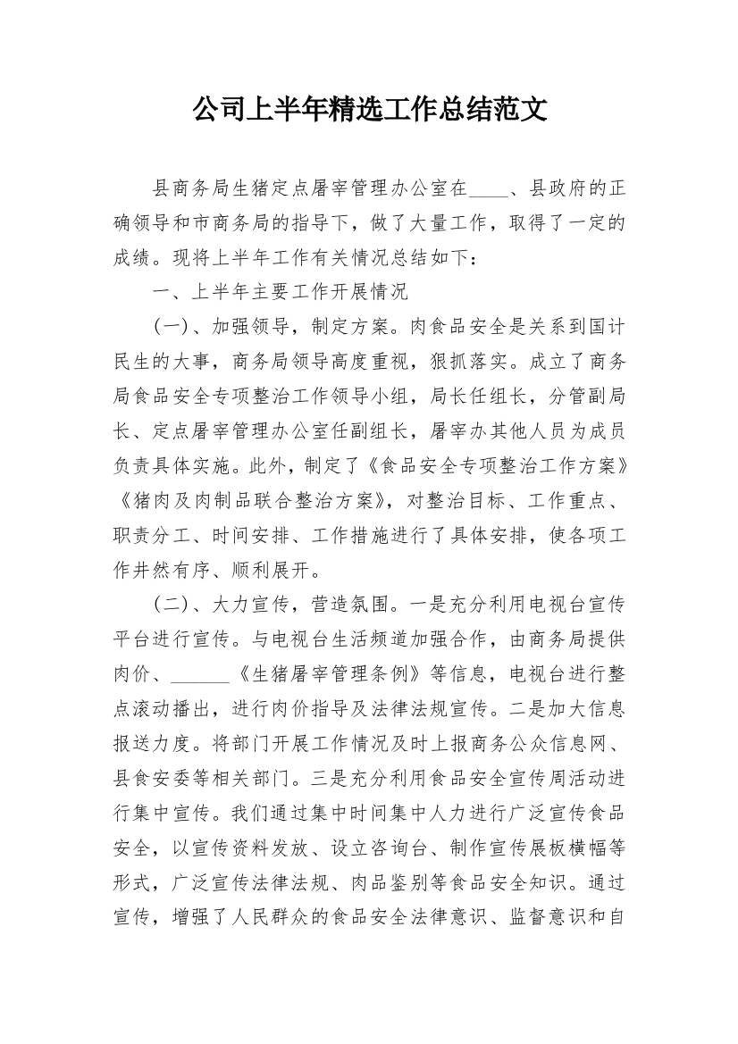 公司上半年精选工作总结范文