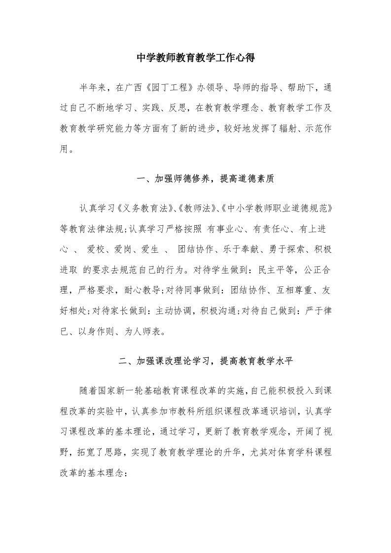 中学教师教育教学工作心得