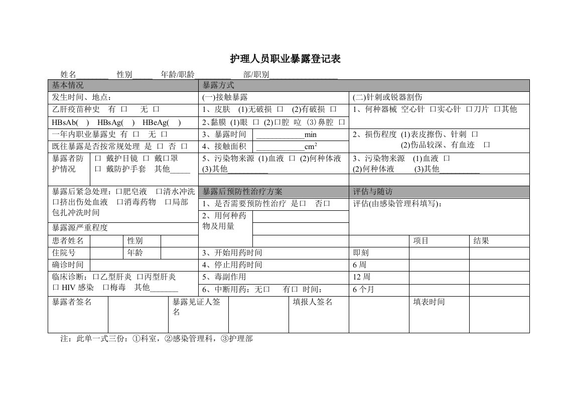 护理人员职业暴露登记表