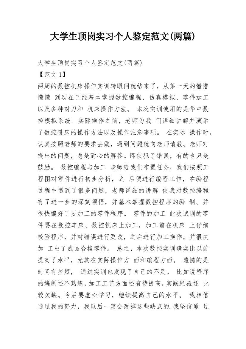 大学生顶岗实习个人鉴定范文(两篇)