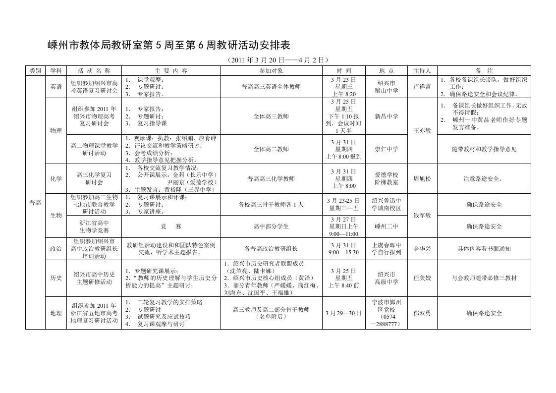 嵊州市教体局教研室第5周至第6周教研活动安排表