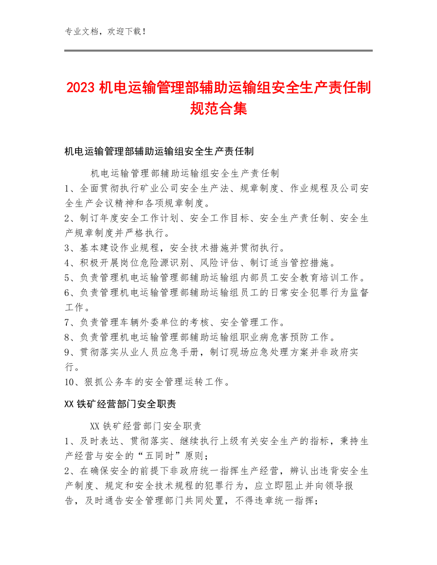 2023机电运输管理部辅助运输组安全生产责任制规范合集