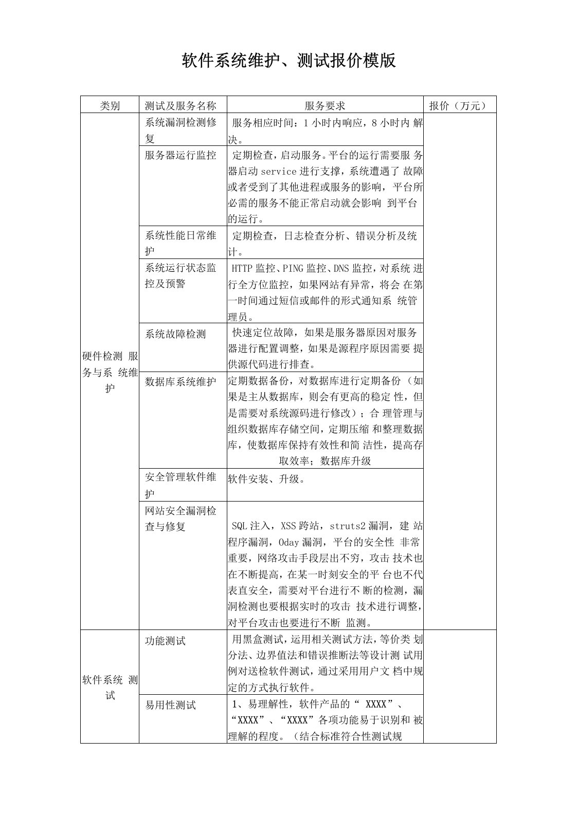 某软件系统维护、测试报价模版