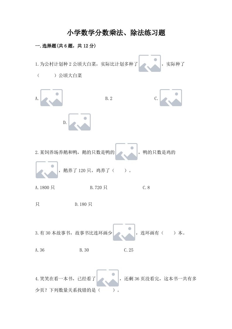 小学数学分数乘法、除法练习题及答案（真题汇编）