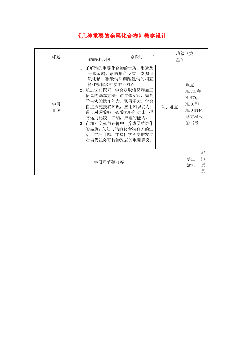 高一化学几种重要的金属化合物教学设计