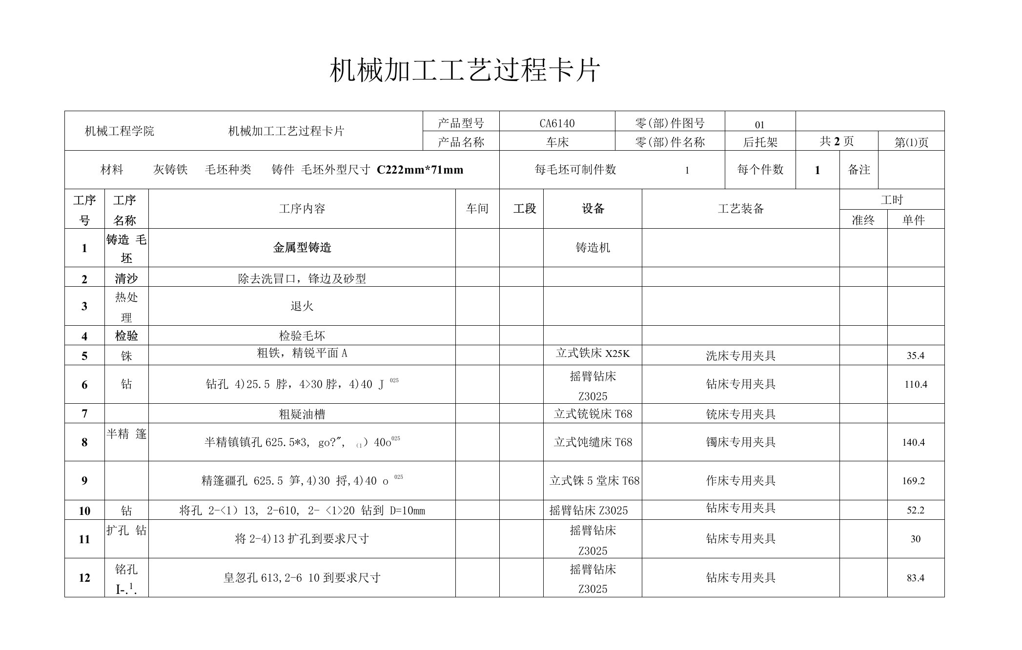 CA6140车床后托架工艺加工卡片以及过程卡片