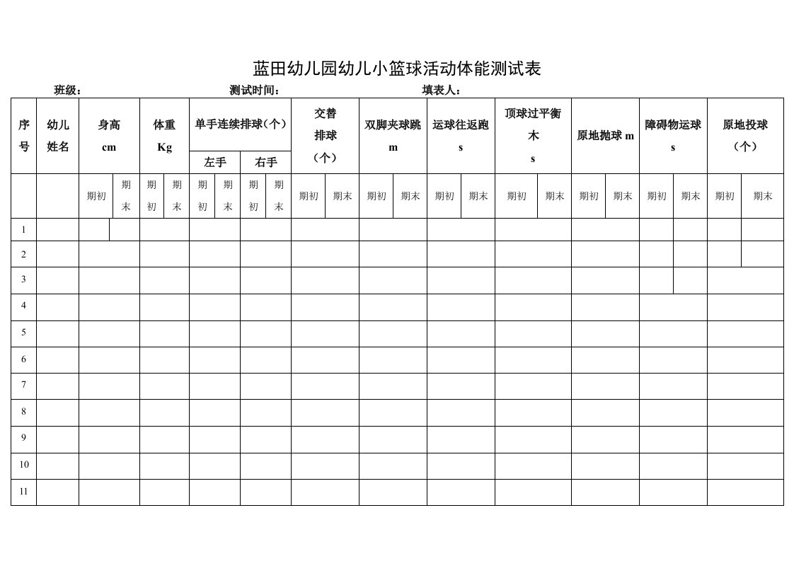 幼儿园幼儿小篮球活动体能测试表