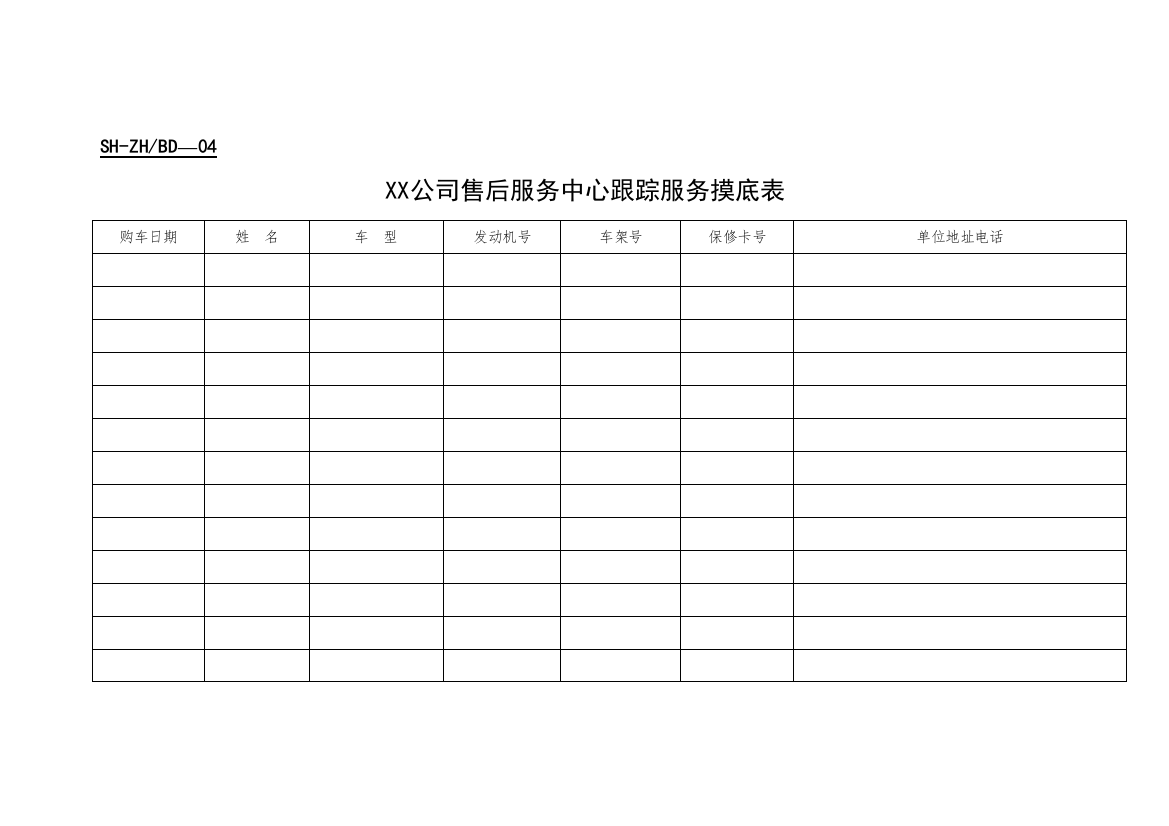 XX公司售后服务中心跟踪服务摸底表