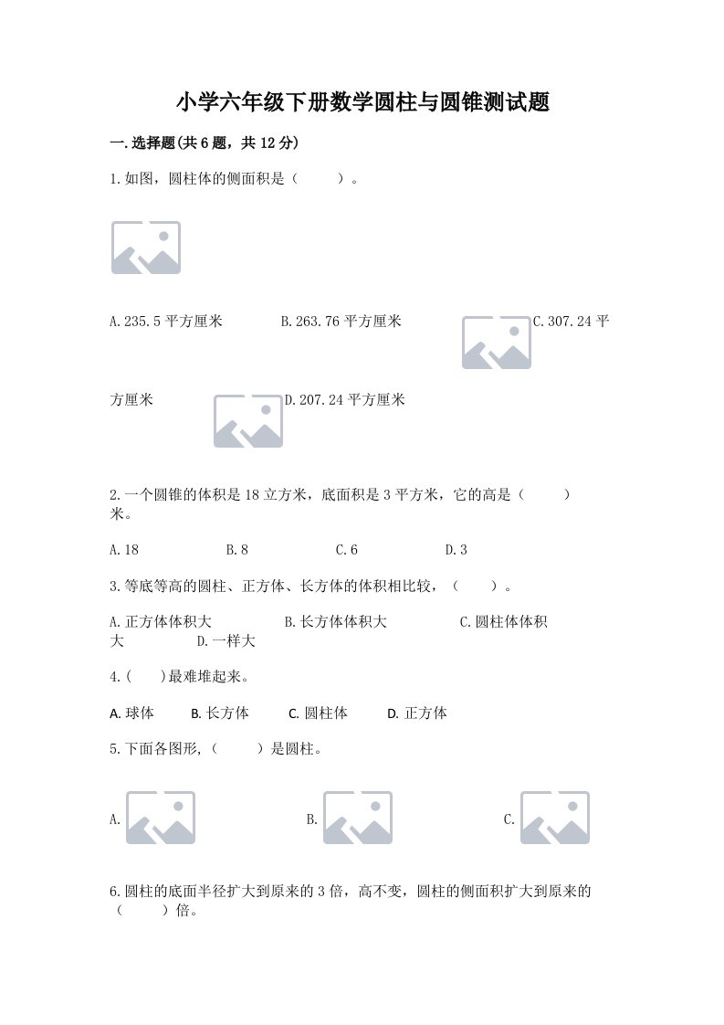 小学六年级下册数学圆柱与圆锥测试题及完整答案【典优】