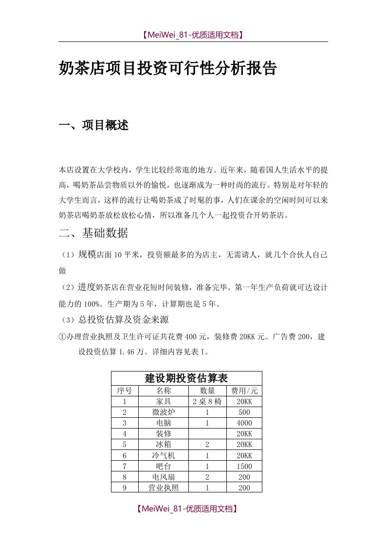 【9A文】奶茶店项目投资可行性分析报告