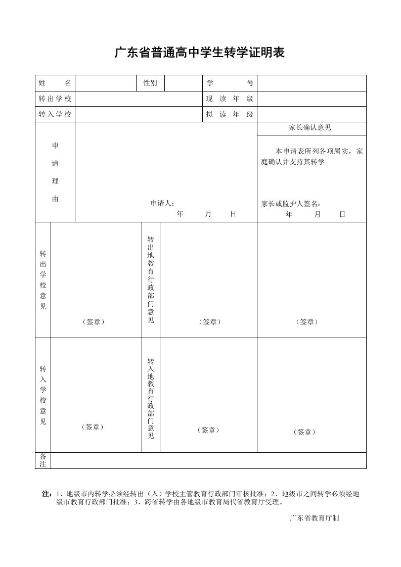 广东省普通高中学生转学证明表