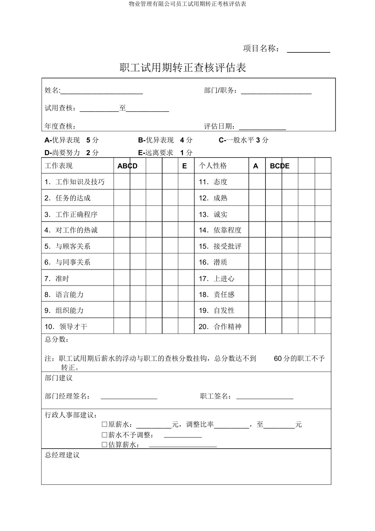 物业管理有限公司员工试用期转正考核评估表