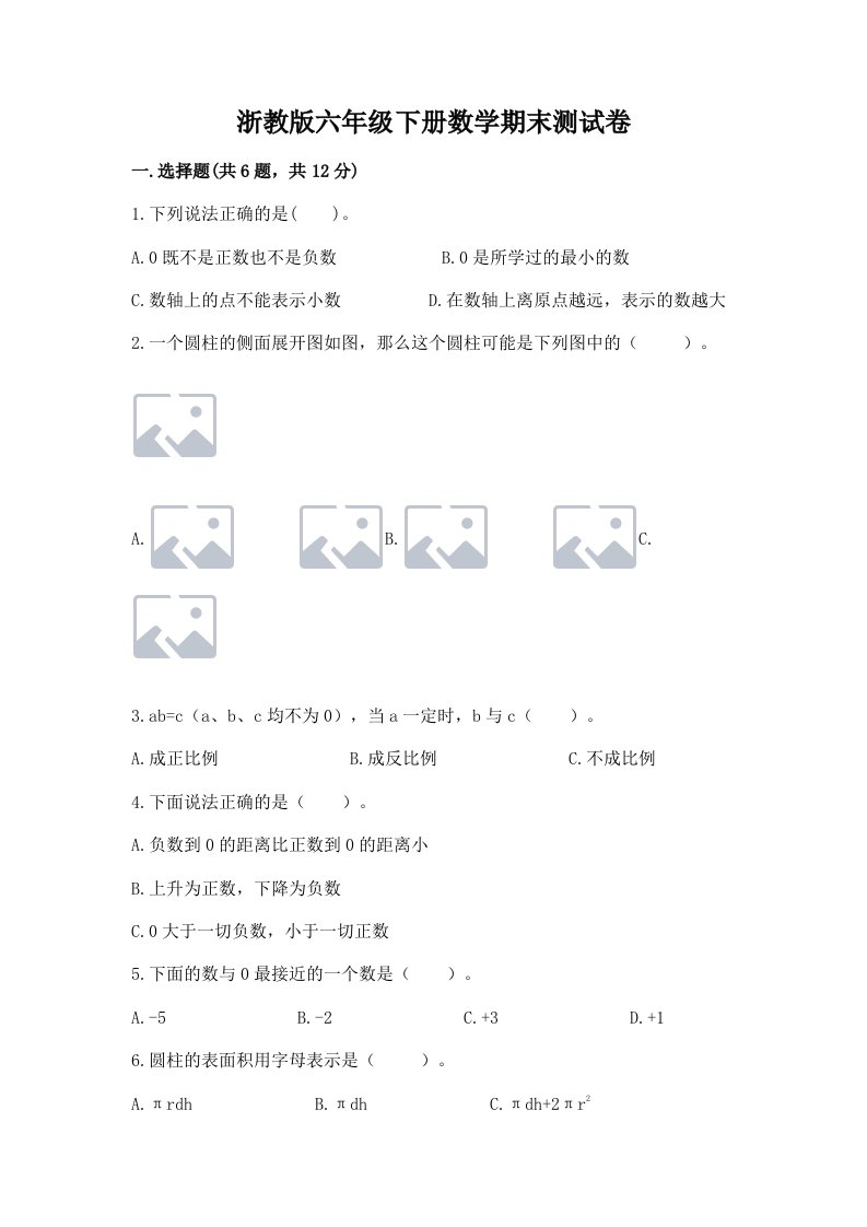 浙教版六年级下册数学期末测试卷含完整答案【历年真题】