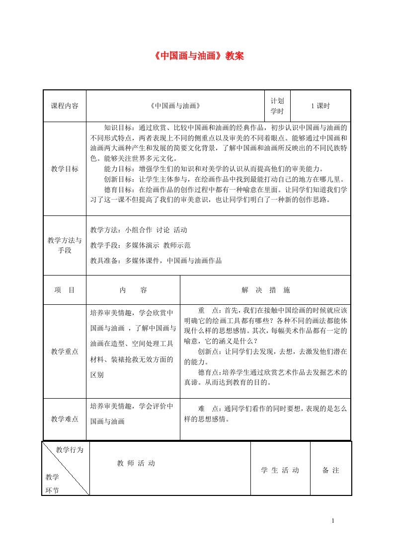 七年级美术下册1中国画与油画教案冀美版