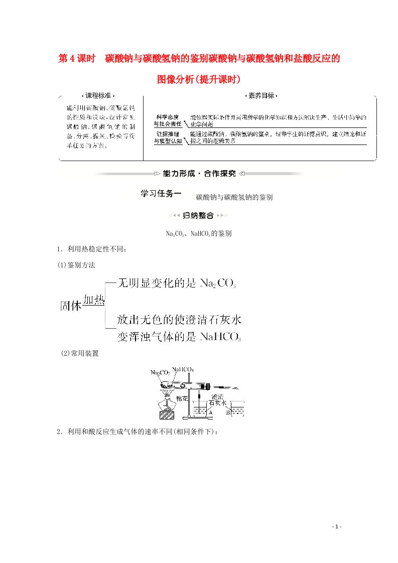 浙江专用2021_2022学年新教材高中化学第二章海水中的重要元素__钠和氯第一节第4课时碳酸钠与碳酸氢钠的鉴别碳酸钠与碳酸氢钠和盐酸反应的图像分析提升课时学案新人教版必修第一册