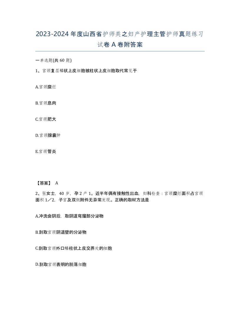 2023-2024年度山西省护师类之妇产护理主管护师真题练习试卷A卷附答案