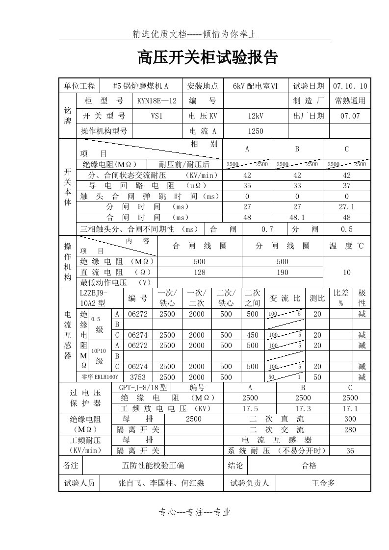 高压开关柜试验报告(完)(共19页)