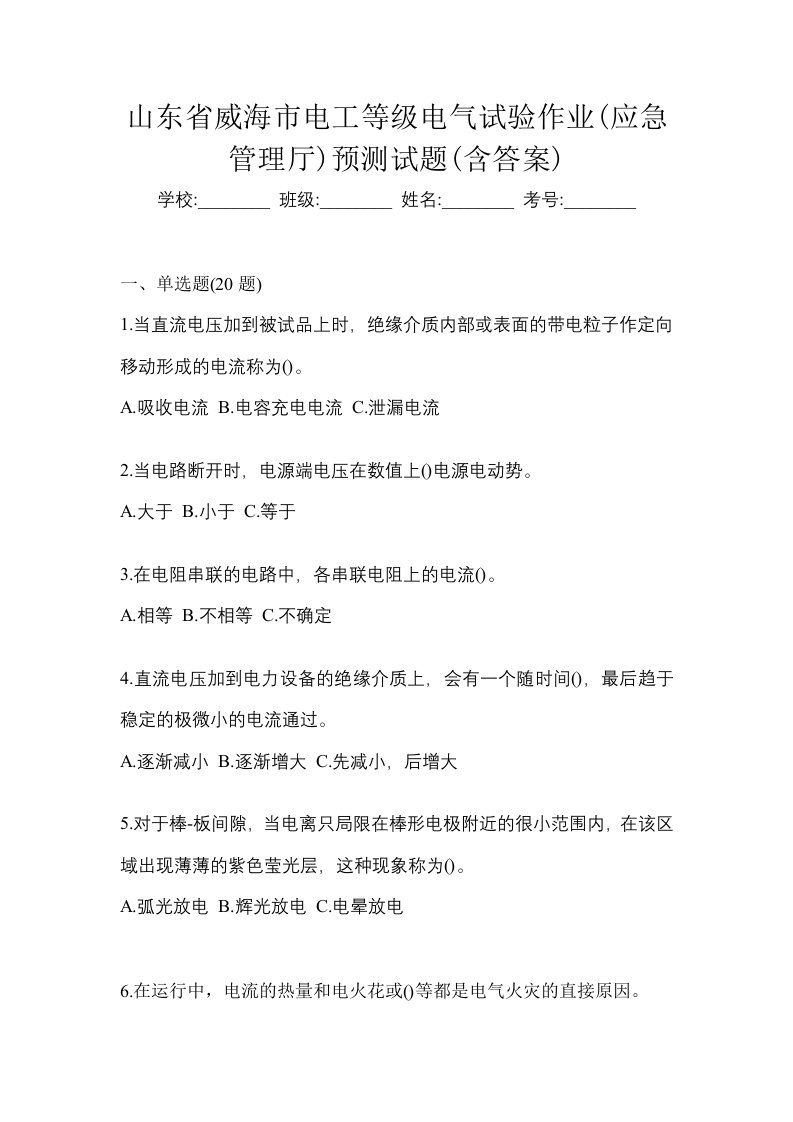 山东省威海市电工等级电气试验作业应急管理厅预测试题含答案