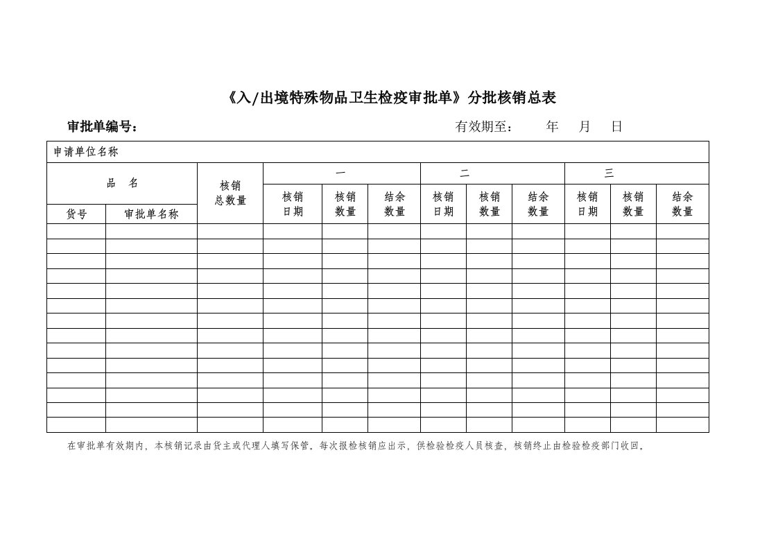 入出境特殊物品卫生检疫审批单分批核销表