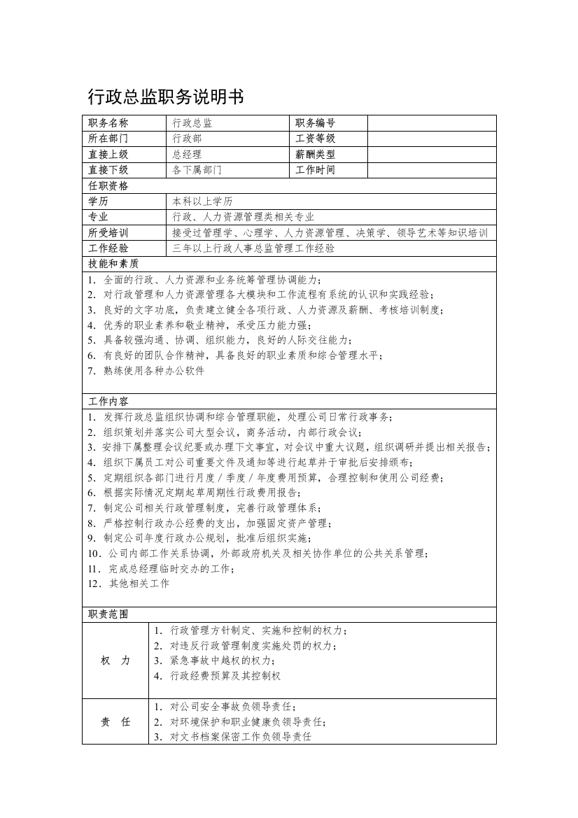 某房地产集团总部行政总监职务说明书