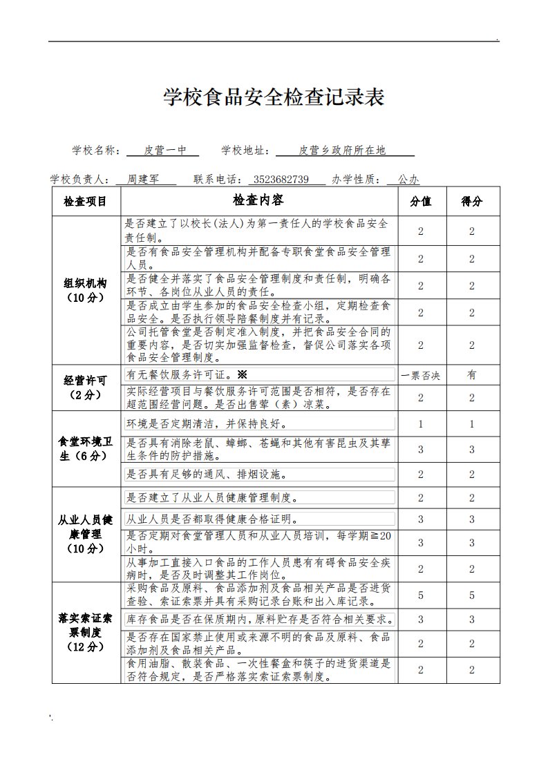 学校食品安全检查记录表