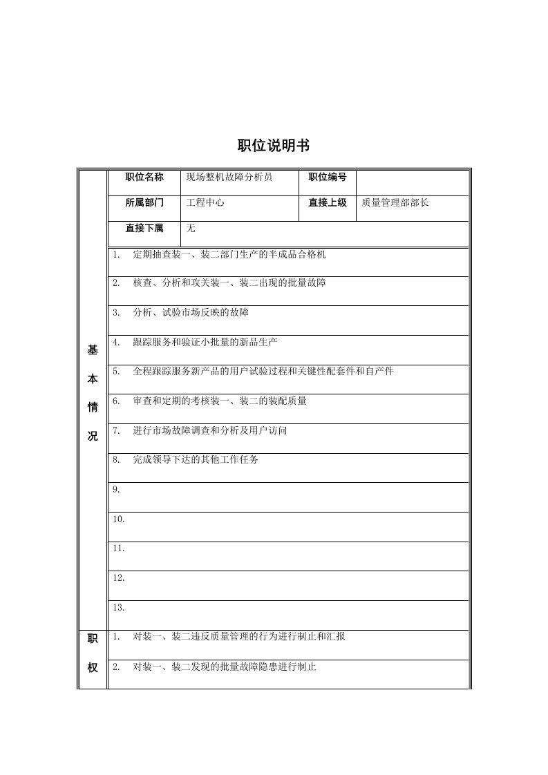 现场整机故障分析员职务说明