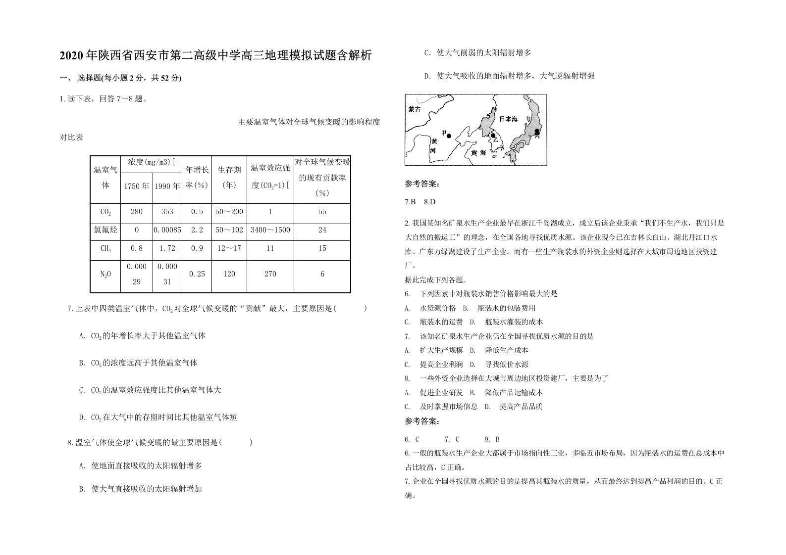 2020年陕西省西安市第二高级中学高三地理模拟试题含解析