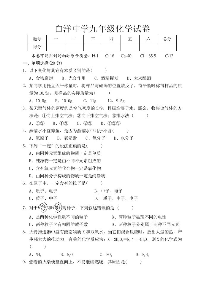 白洋中学九年级化学试卷