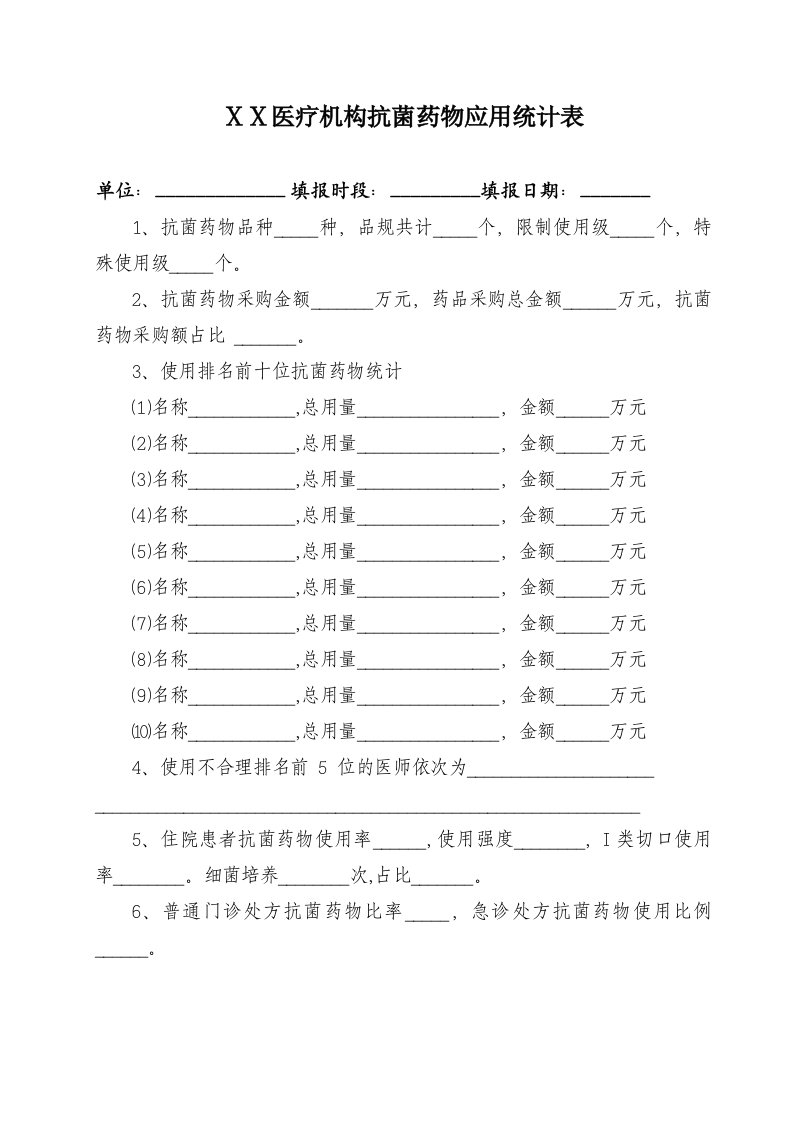 医院医疗机构抗菌药物应用统计表