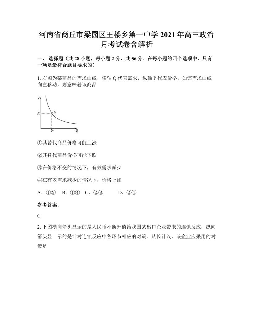 河南省商丘市梁园区王楼乡第一中学2021年高三政治月考试卷含解析