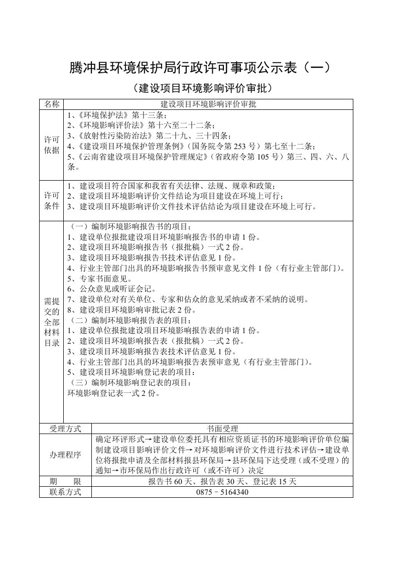 腾冲县环境保护局行政许可事项公示表（一）