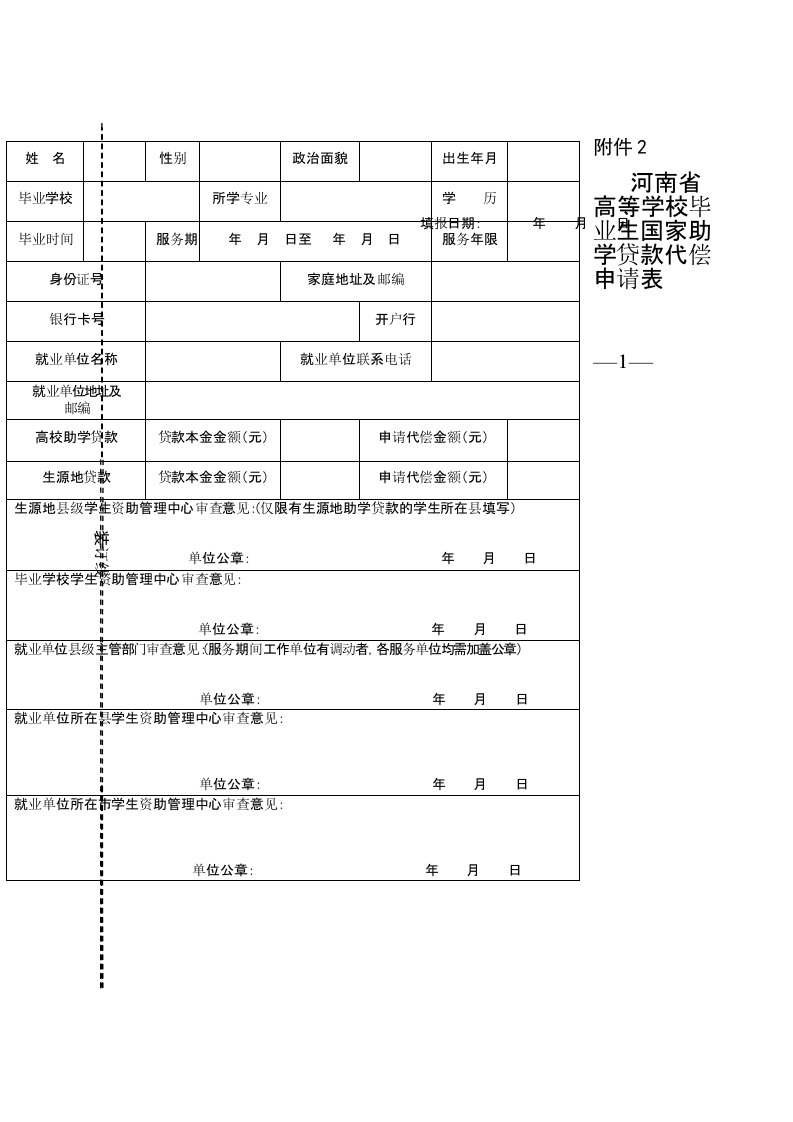 河南省高等学校毕业生国家助学贷款代偿申请表