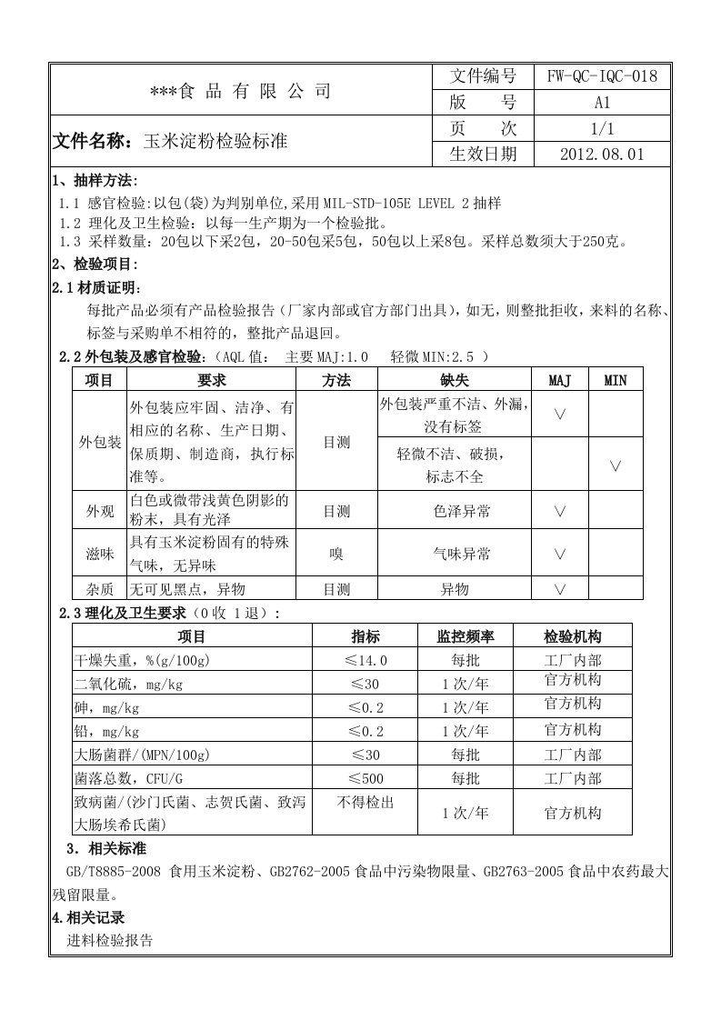 玉米淀粉检验标准