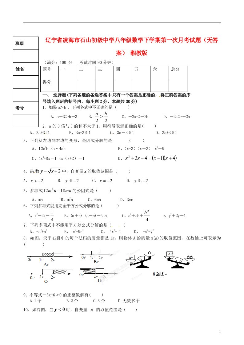 辽宁省凌海市八级数学下学期第一次月考试题（无答案）