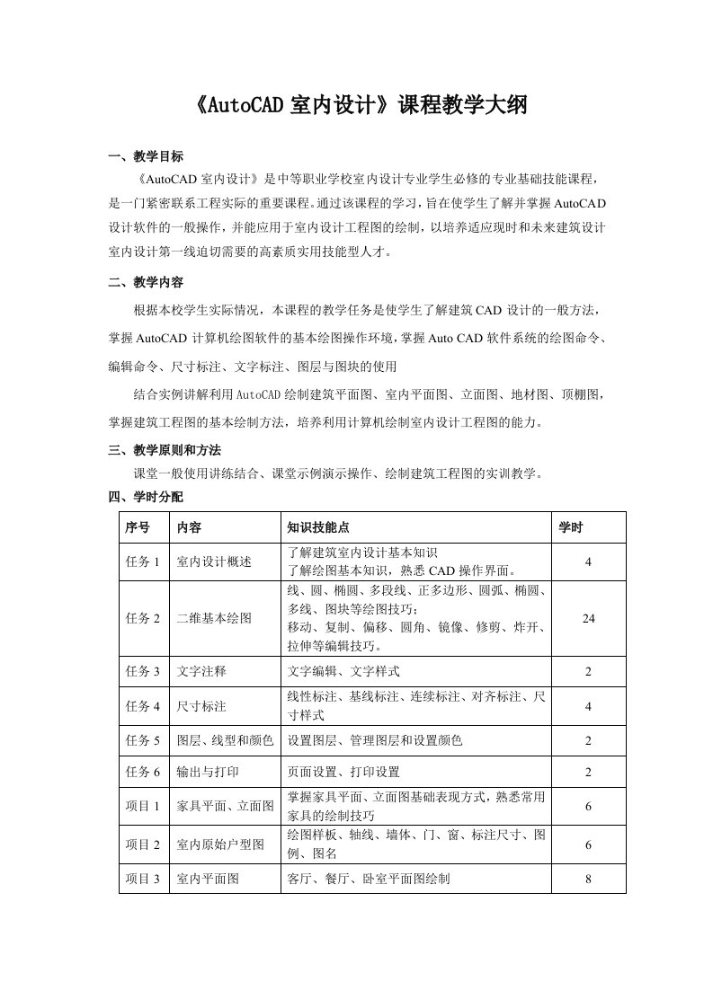 《AutoCAD室内设计》课程教学大纲