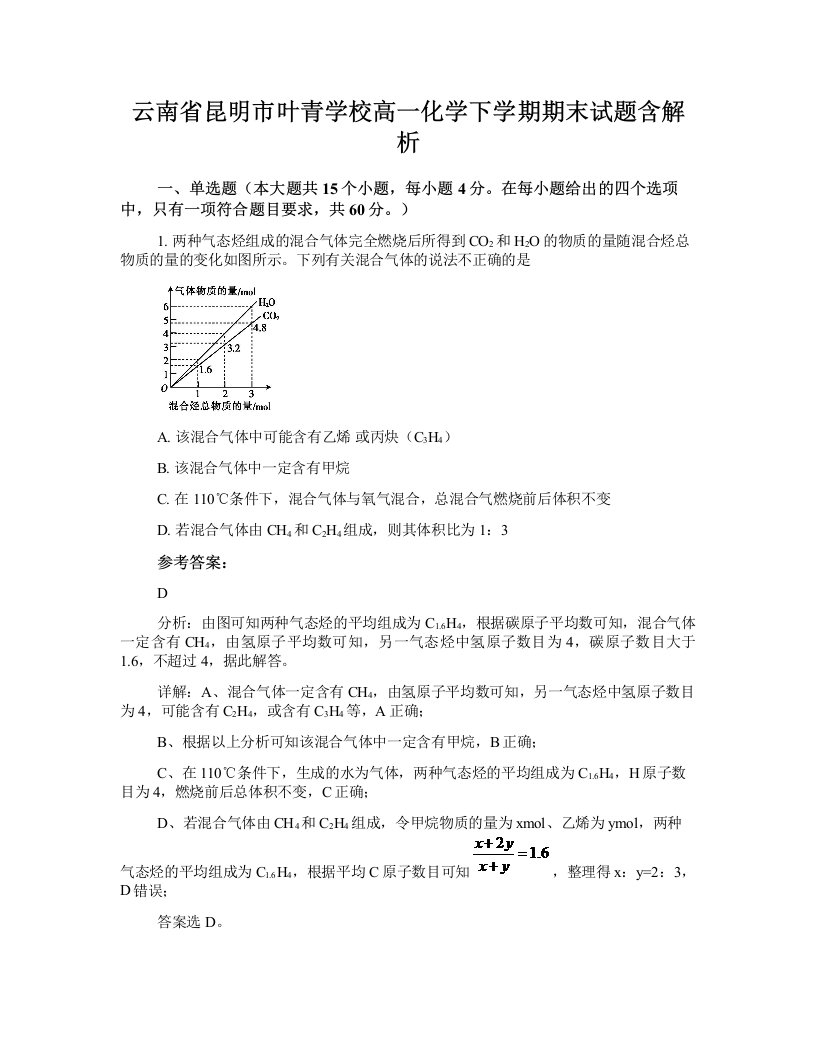 云南省昆明市叶青学校高一化学下学期期末试题含解析